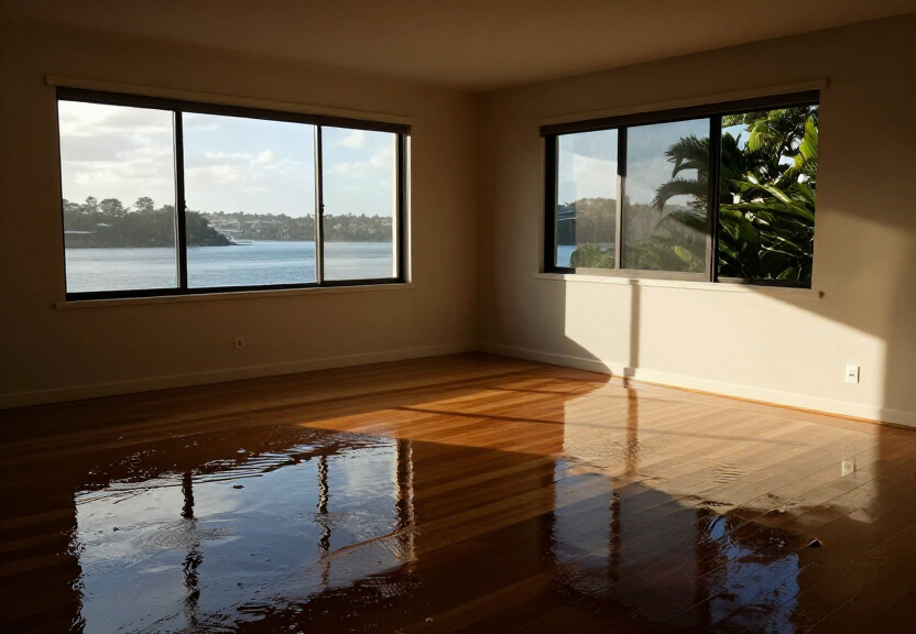 Water-damaged carpet and walls in a Newtown apartment before restoration